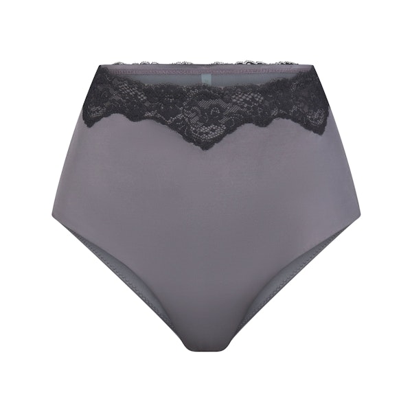 LACE SWIM HIGH-WAISTED FULL BRIEF | GUNMETAL (BIKINI BOTTOMS, SWIM) LAYS FLAT ON A WHITE BACKGROUND | FLT