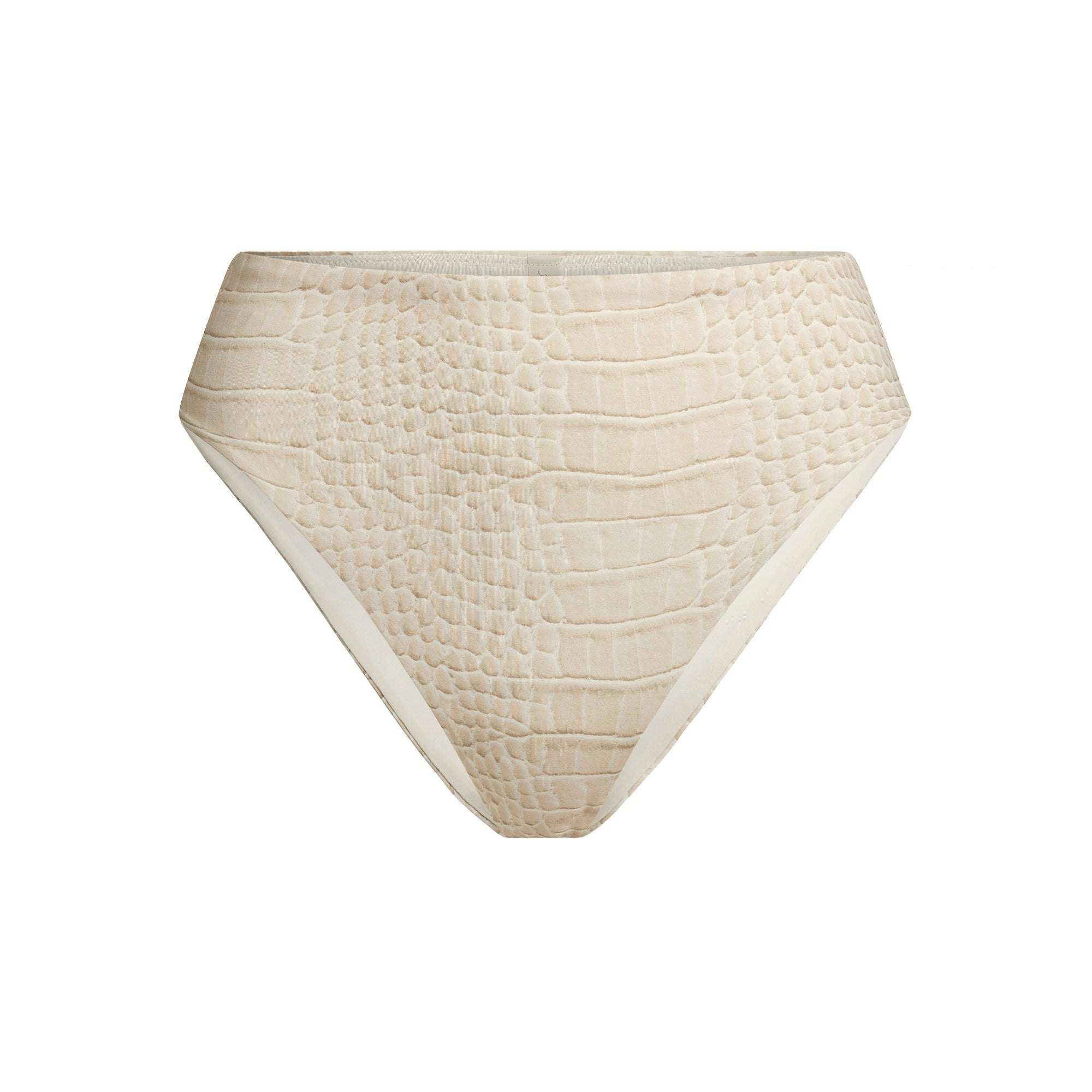 SIGNATURE SWIM HIGH-WAISTED BIKINI BOTTOM | EGRET CROCODILE PRINT FLAT ON A WHITE BACKGROUND | FLT
