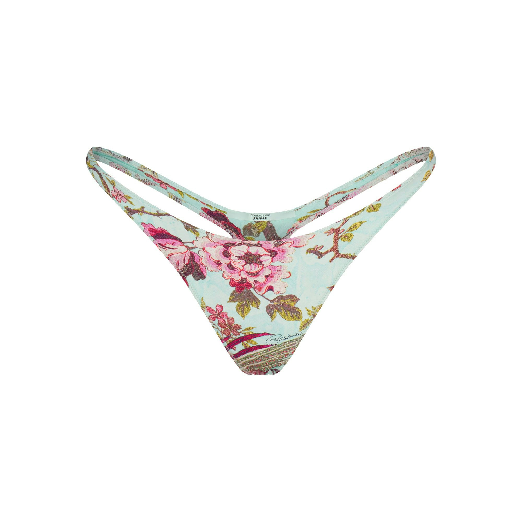 ROBERTO CAVALLI X SKIMS THONG BIKINI BOTTOM | FAGIANELLA PRINT FLAT ON A WHITE BACKGROUND | FLT