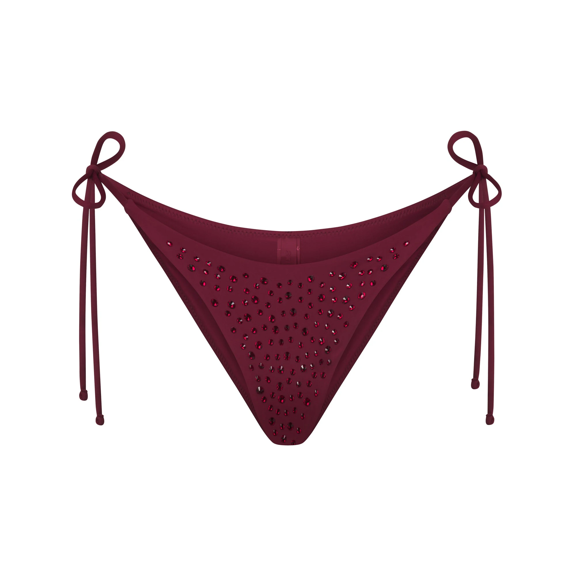 RHINESTONE TIE BIKINI BOTTOM | WINE (BIKINI BOTTOMS, SWIM) LAYS FLAT ON A WHITE BACKGROUND | FLT