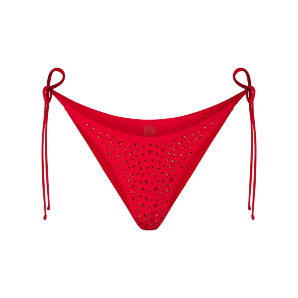 RHINESTONE TIE BIKINI BOTTOM | RED (BIKINI BOTTOMS, SWIM) LAYS FLAT ON A WHITE BACKGROUND | FLT