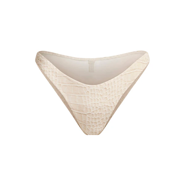 SIGNATURE SWIM TANGA BIKINI BOTTOM | EGRET CROCODILE PRINT FLAT ON A WHITE BACKGROUND | FLT