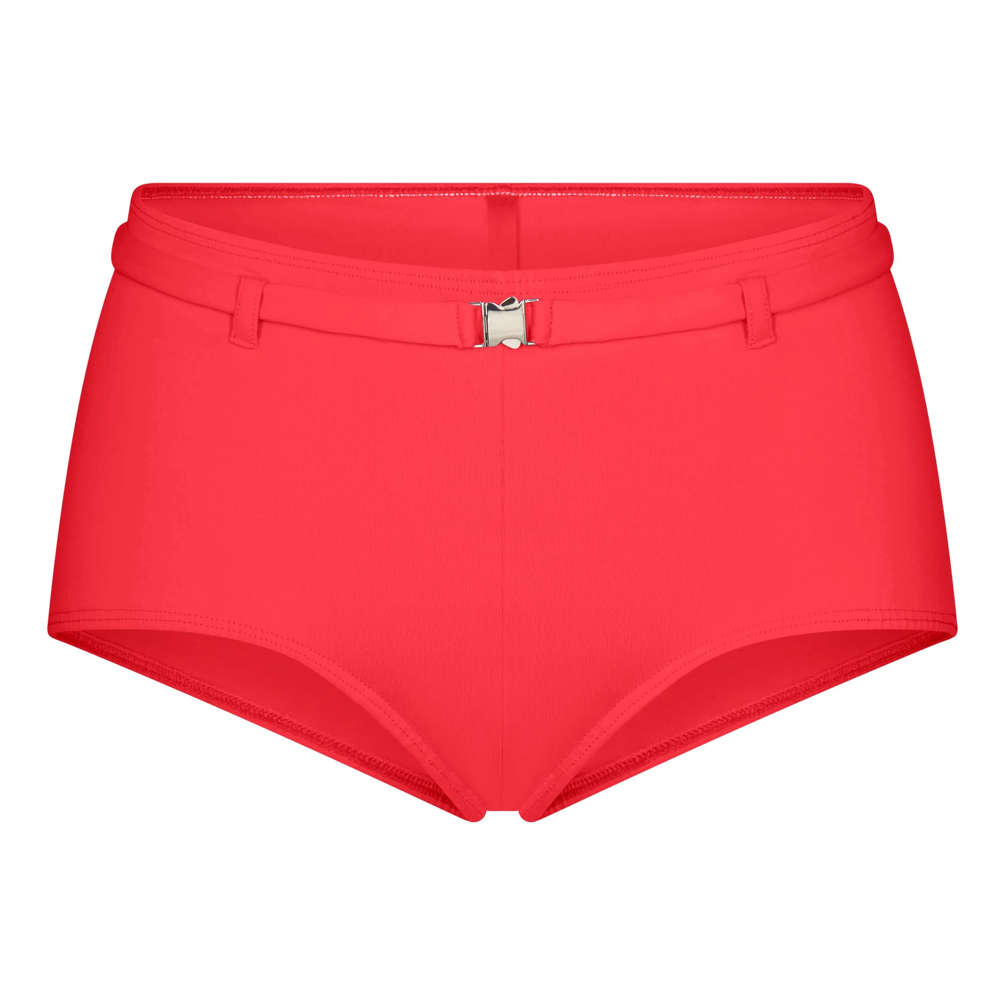 ICONIC SWIM BELTED BOY SHORT BIKINI BOTTOM | CARMINE FLAT ON A WHITE BACKGROUND | FLT