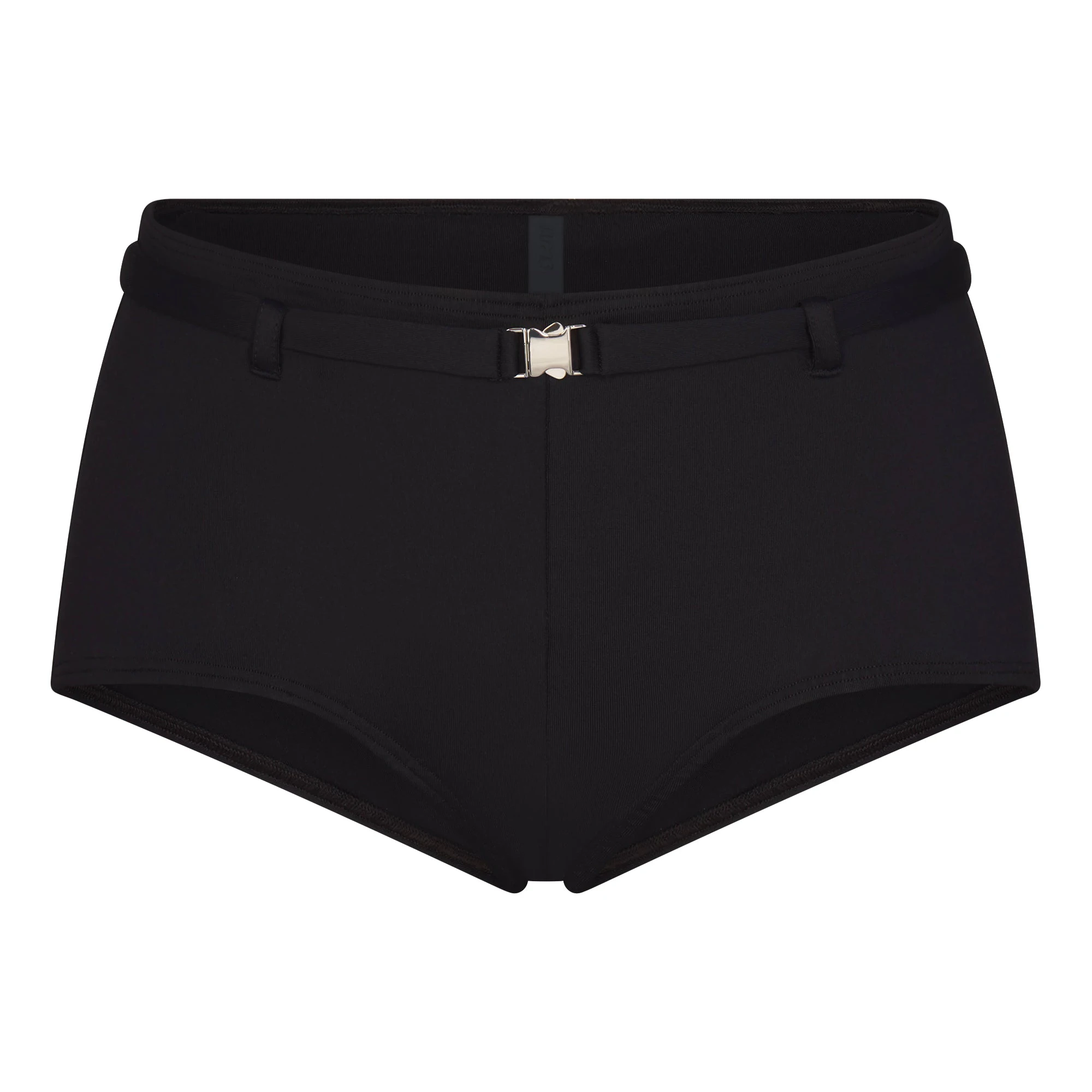 ICONIC SWIM BELTED BOY SHORT BIKINI BOTTOM | OBSIDIAN FLAT ON A WHITE BACKGROUND | FLT