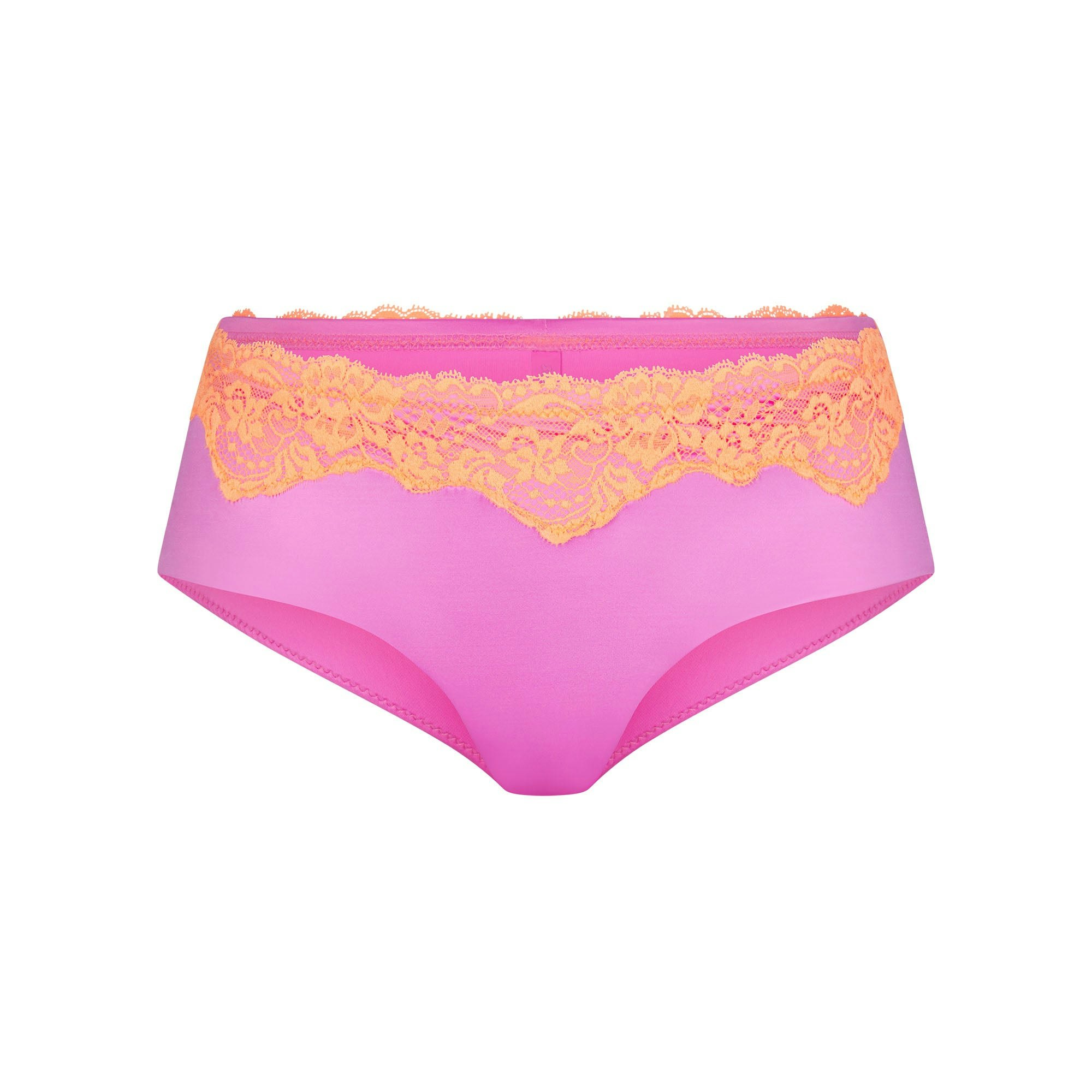 LACE SWIM CHEEKY HIPSTER | NEON ORCHID (BIKINI BOTTOMS, SWIM) LAYS FLAT ON A WHITE BACKGROUND | FLT