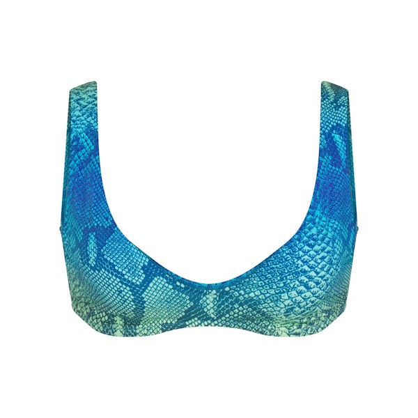 SIGNATURE SWIM PLUNGE BIKINI TOP | AQUA OMBRE SNAKE LAYS FLAT ON A WHITE BACKGROUND | FLT