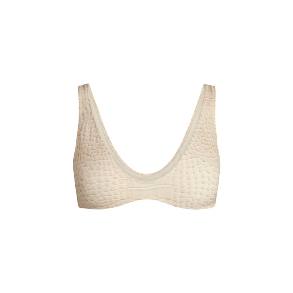 SIGNATURE SWIM PLUNGE BIKINI TOP | EGRET CROCODILE PRINT FLAT ON A WHITE BACKGROUND | FLT