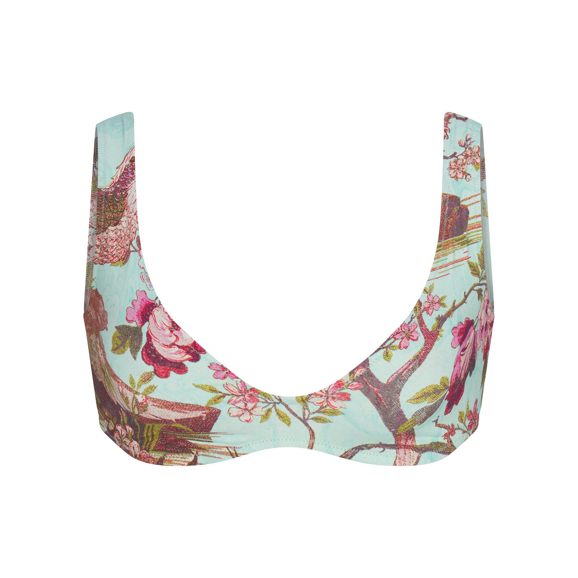 ROBERTO CAVALLI X SKIMS PLUNGE BIKINI TOP | FAGIANELLA PRINT FLAT ON A WHITE BACKGROUND | FLT