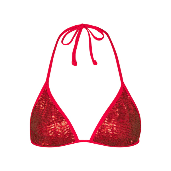 SEQUIN TRIANGLE BIKINI TOP | BRICK (BIKINI TOPS, SWIM) LAYS FLAT ON A WHITE BACKGROUND