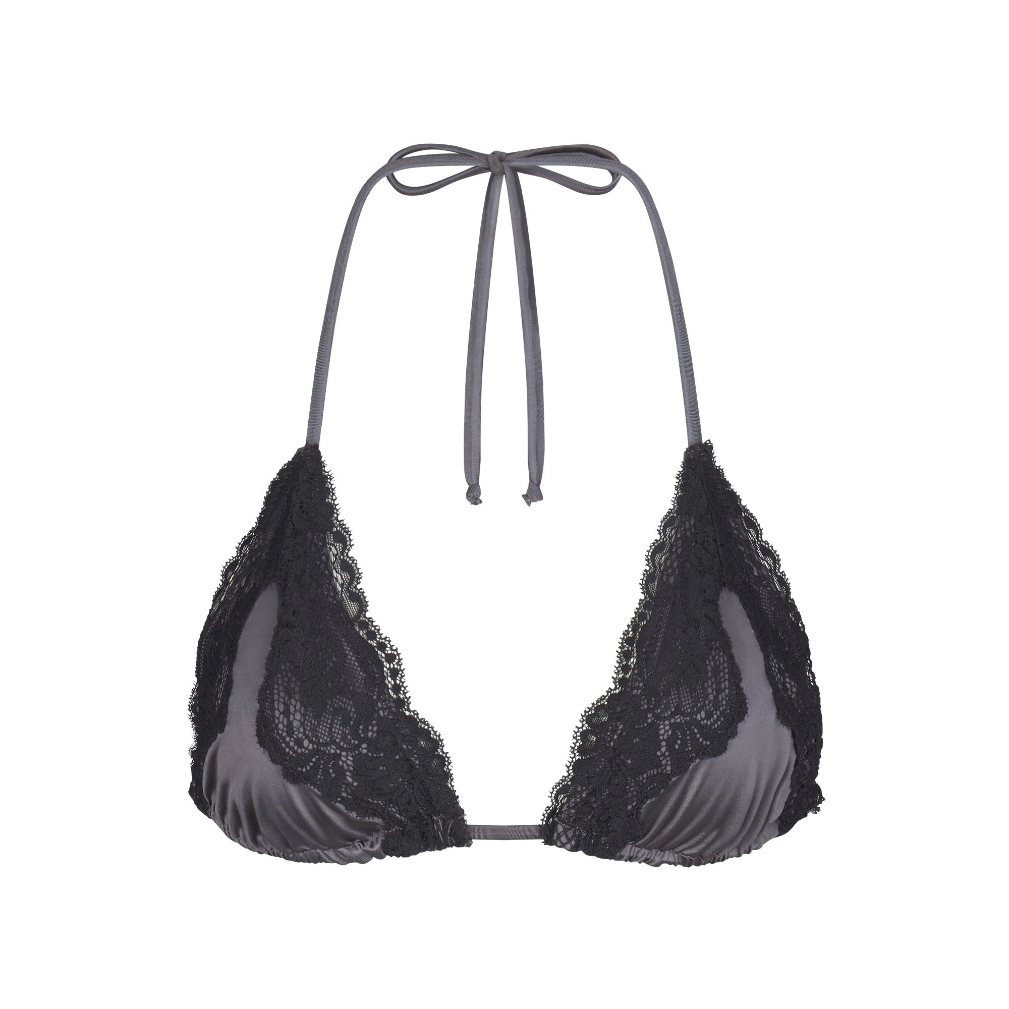 LACE SWIM TRIANGLE TOP | GUNMETAL (BIKINI TOPS, SWIM) LAYS FLAT ON A WHITE BACKGROUND