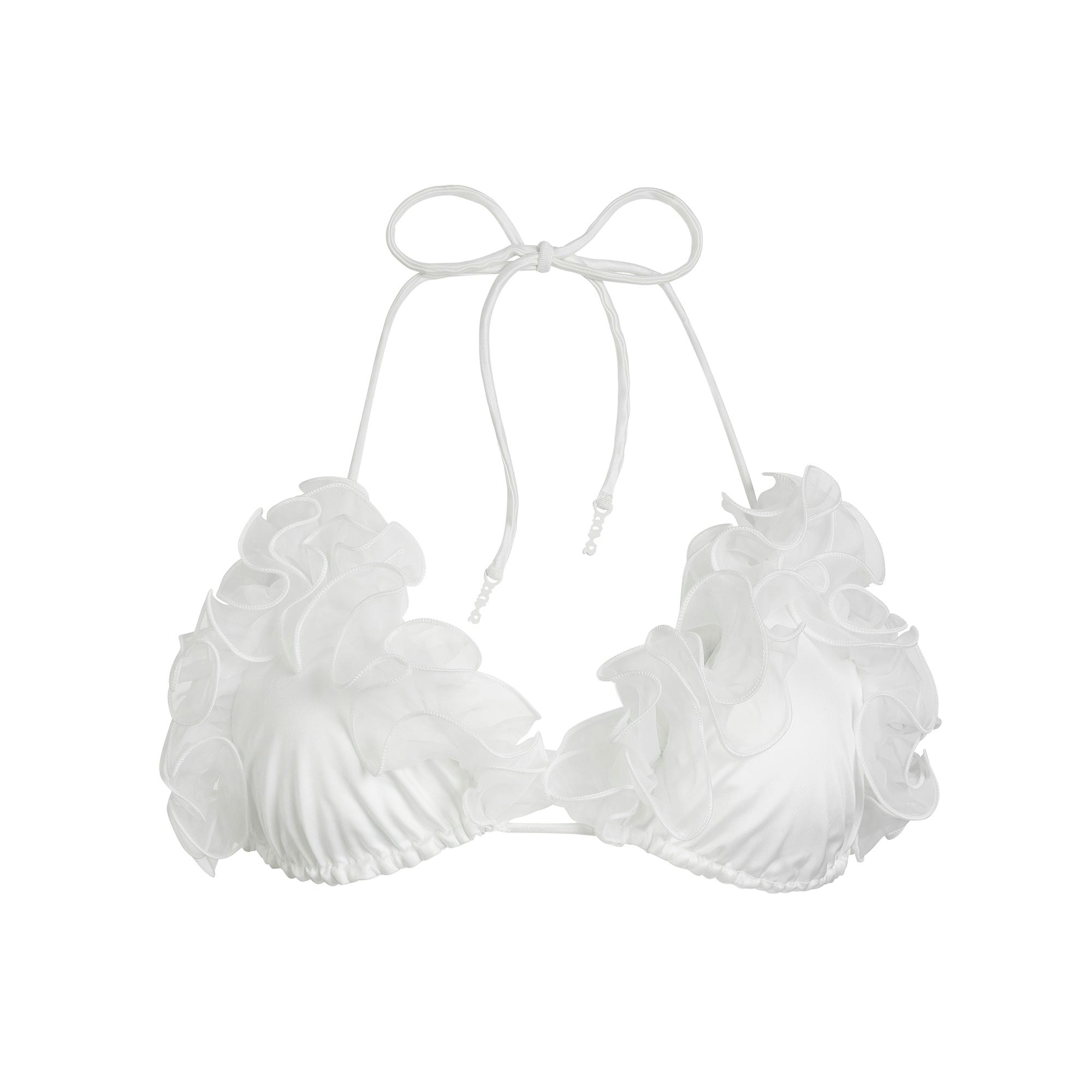BRIDAL SWIM RUFFLE TRIANGLE BIKINI TOP | SNOW FLAT ON A WHITE BACKGROUND | FLT