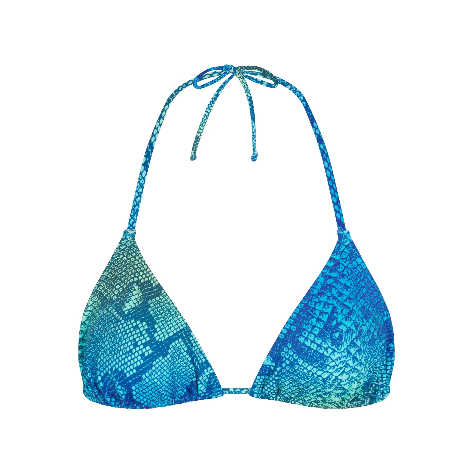 SIGNATURE SWIM TRIANGLE BIKINI TOP | AQUA OMBRE SNAKE LAYS FLAT ON A WHITE BACKGROUND | FLT