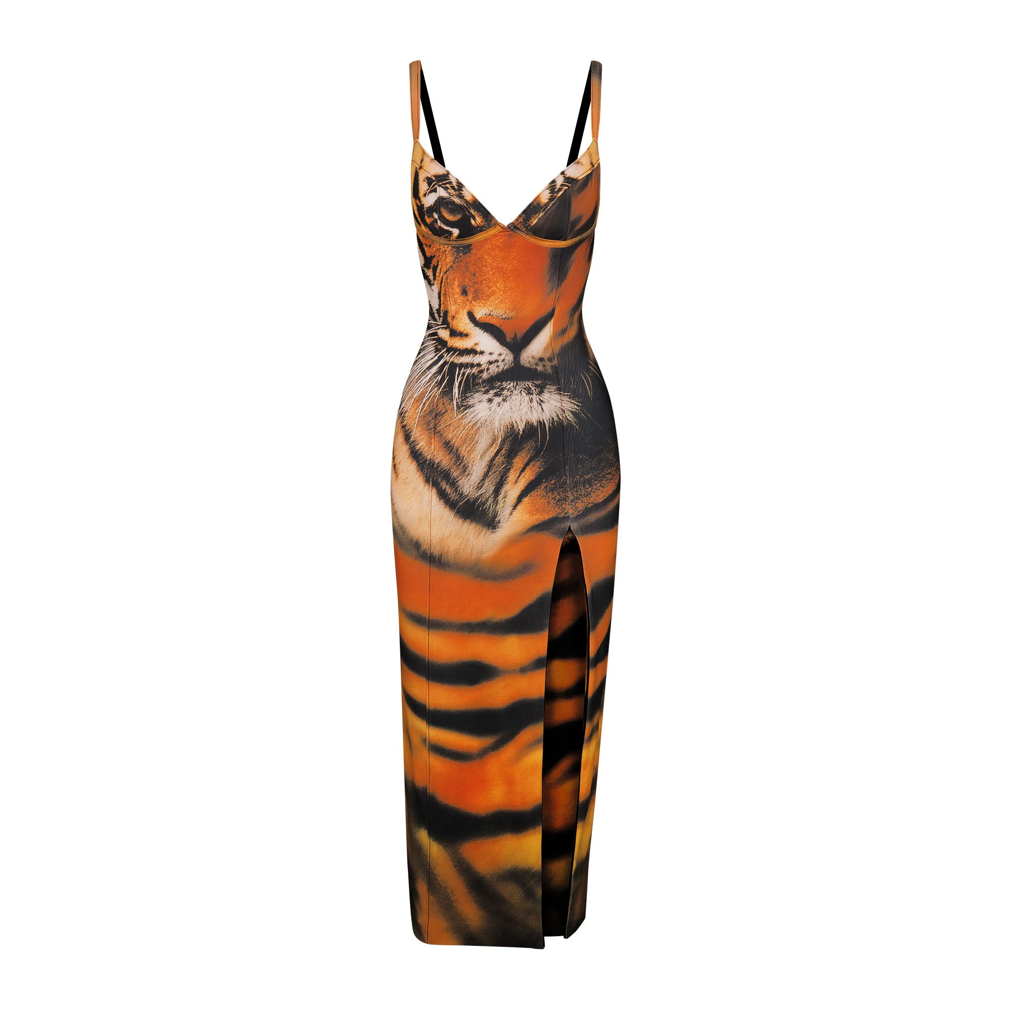 ROBERTO CAVALLI X SKIMS UNDERWIRE DRESS | TIGER FACE PRINT FLAT ON A WHITE BACKGROUND | FLT