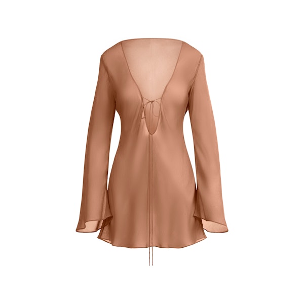 MINIMAL SWIM COVER UP LONG SLEEVE MINI DRESS | CHESTNUT FLAT ON A WHITE BACKGROUND | FLT