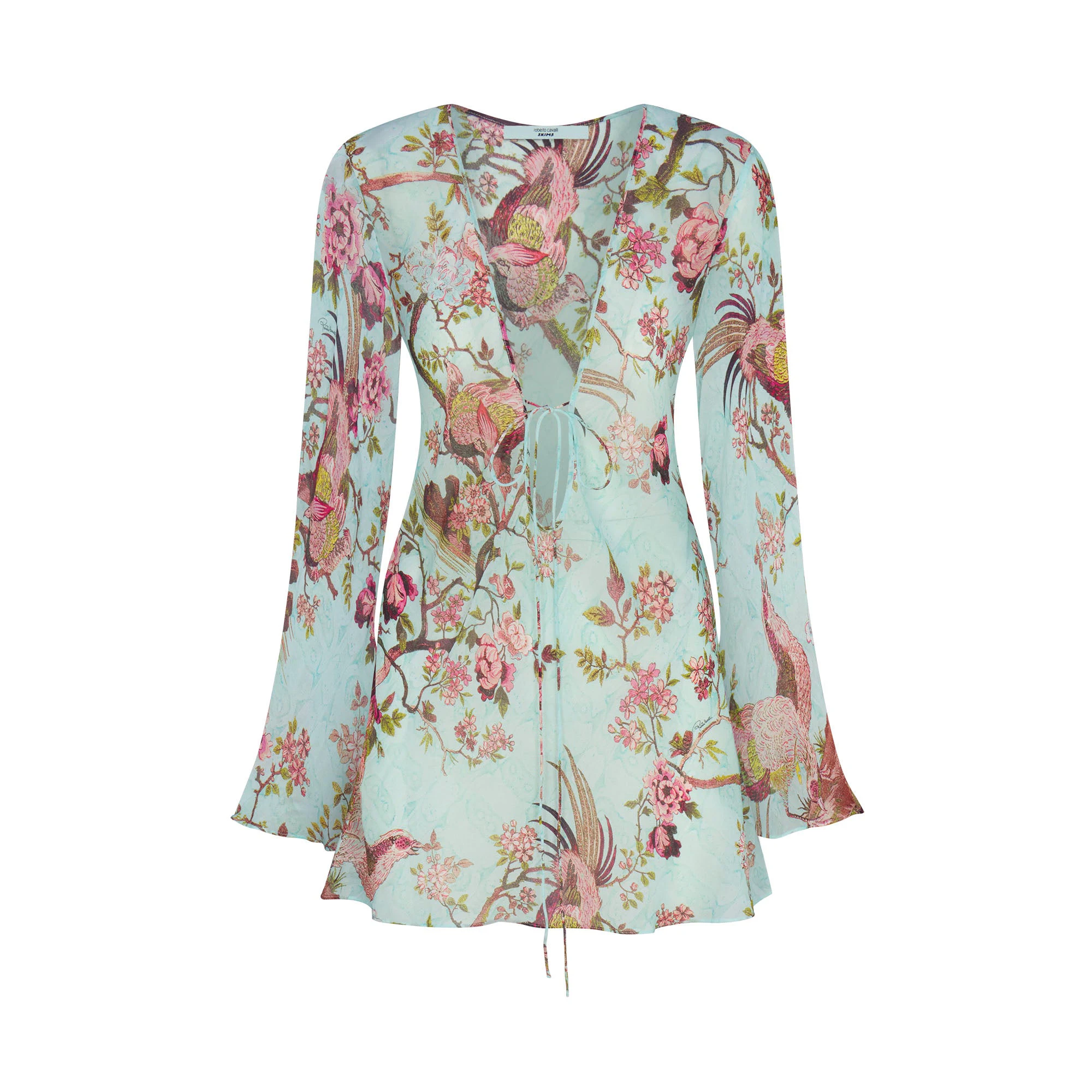 ROBERTO CAVALLI X SKIMS LONG SLEEVE MINI DRESS | FAGIANELLA PRINT FLAT ON A WHITE BACKGROUND | FLT