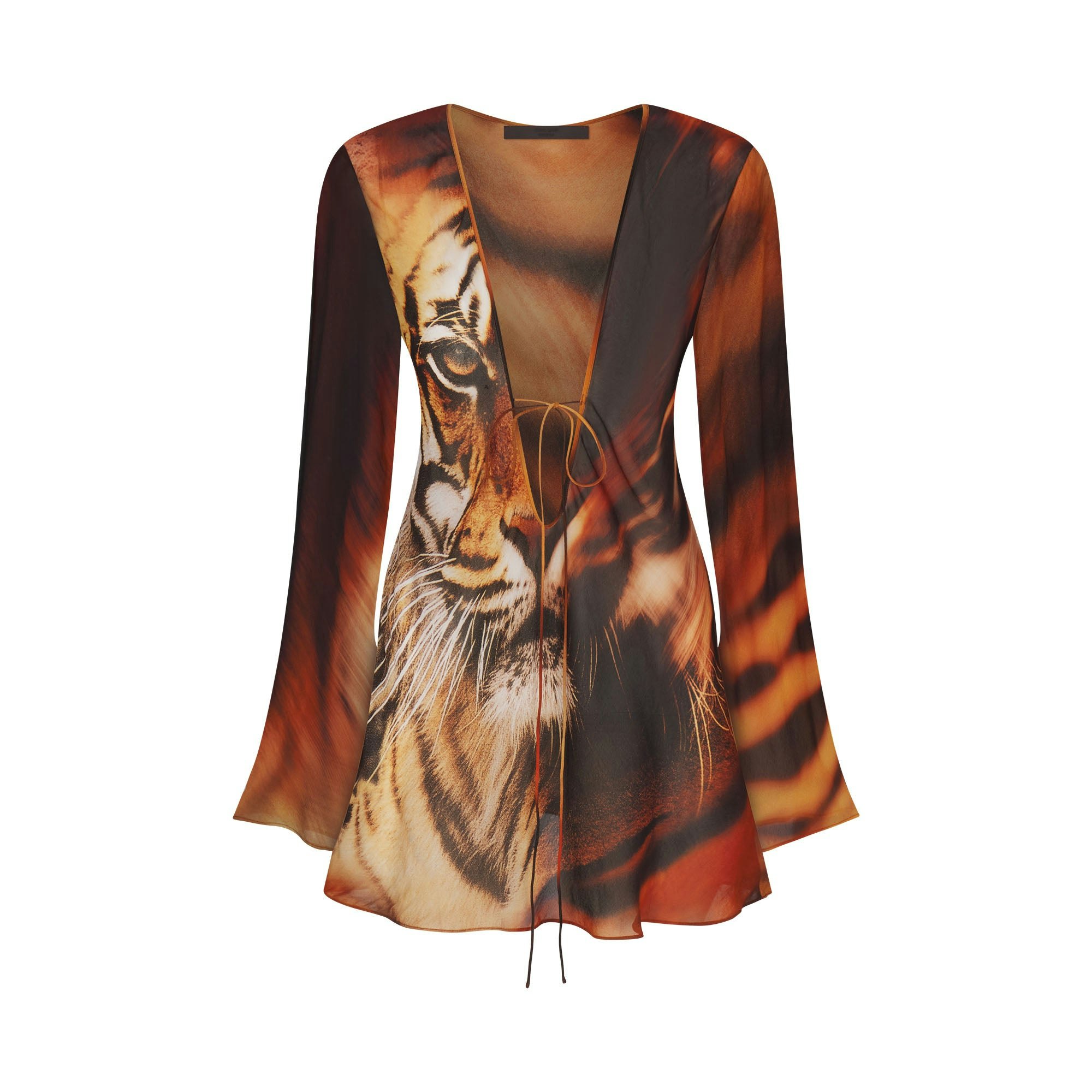 ROBERTO CAVALLI X SKIMS LONG SLEEVE MINI DRESS | TIGER FACE PRINT FLAT ON A WHITE BACKGROUND | FLT
