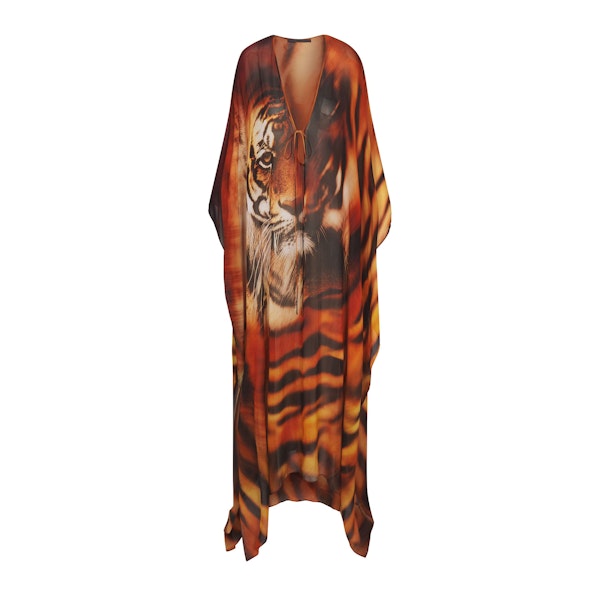 ROBERTO CAVALLI X SKIMS LONG KAFTAN | TIGER FACE PRINT FLAT ON A WHITE BACKGROUND | FLT