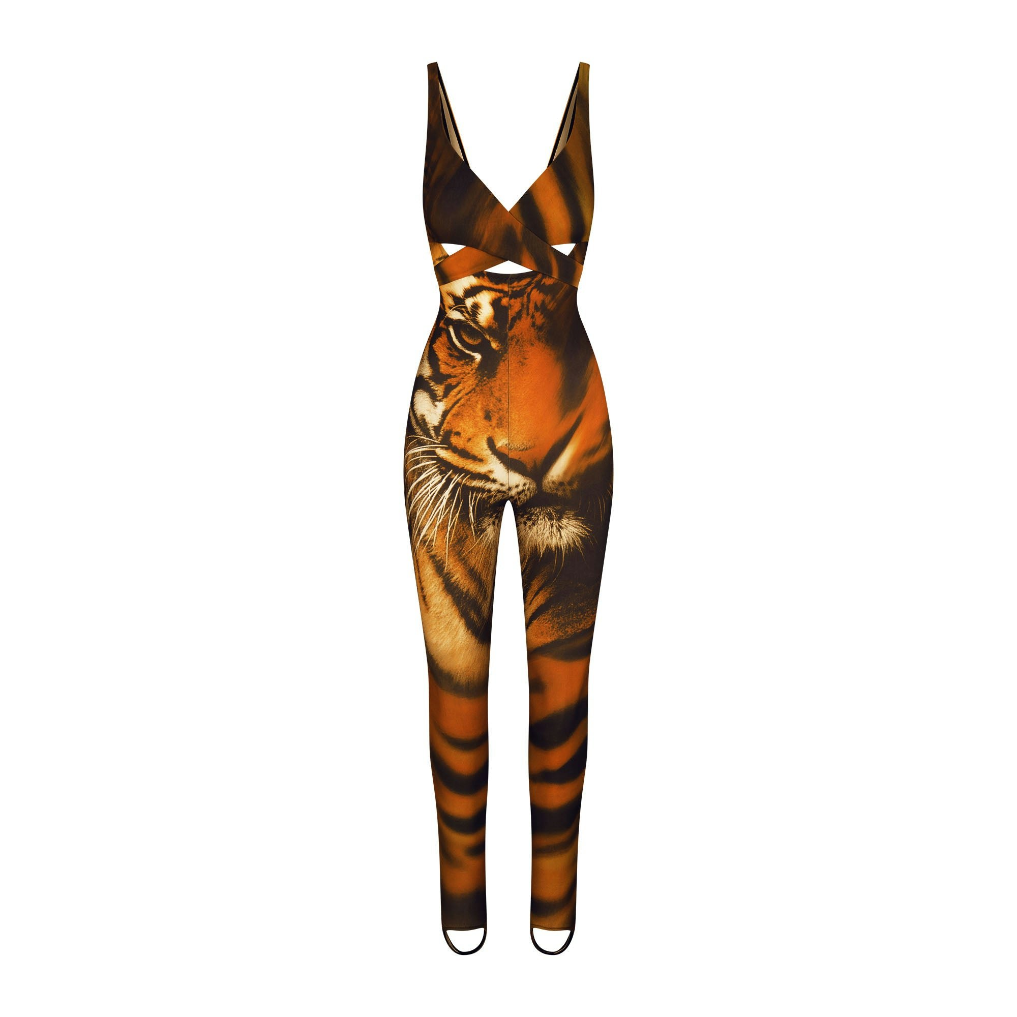 ROBERTO CAVALLI X SKIMS WRAP CATSUIT | TIGER FACE PRINT FLAT ON A WHITE BACKGROUND | FLT