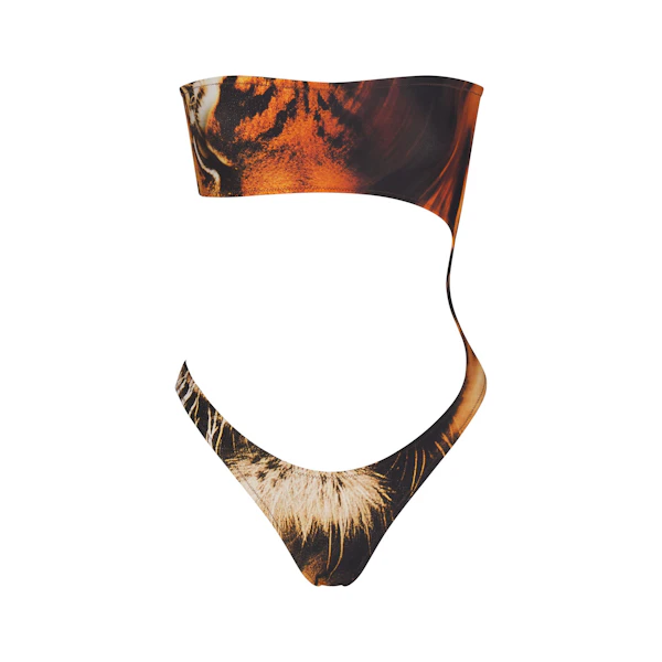 ROBERTO CAVALLI X SKIMS STRAPLESS MONOKINI | TIGER FACE PRINT FLAT ON A WHITE BACKGROUND | FLT