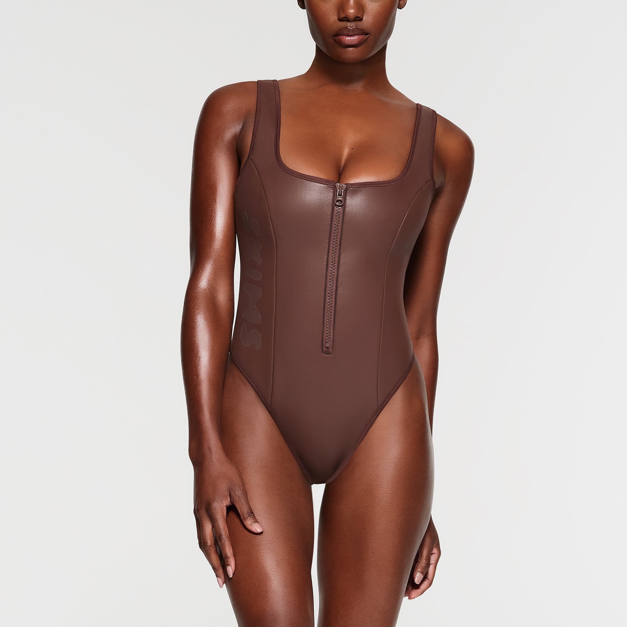RUBBERIZED SCUBA SWIM SCOOP NECK ONE PIECE COCOA