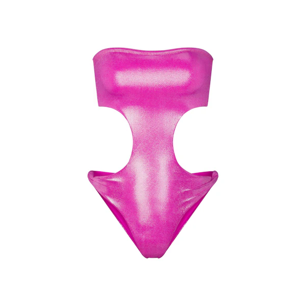 LIQUID SHINE SWIM STRAPLESS CUT OUT MONOKINI | LOLLIPOP (MONOKINIS, SWIM) LAYS FLAT ON A WHITE BACKGROUND | FLT