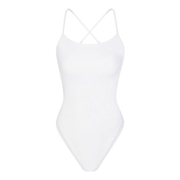 SIGNATURE SWIM CAMI ONE PIECE | SNOW (ONE PIECE SWIMSUITS, SWIM) LAYS FLAT ON A WHITE BACKGROUND | FLT