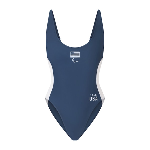 SKIMS FOR TEAM USA SIGNATURE SWIM PARALYMPIC SCOOP NECK ONE PIECE | NAVY (ONE PIECE SWIMSUITS, SWIM) FLAT ON A WHITE BACKGROUND | FLT