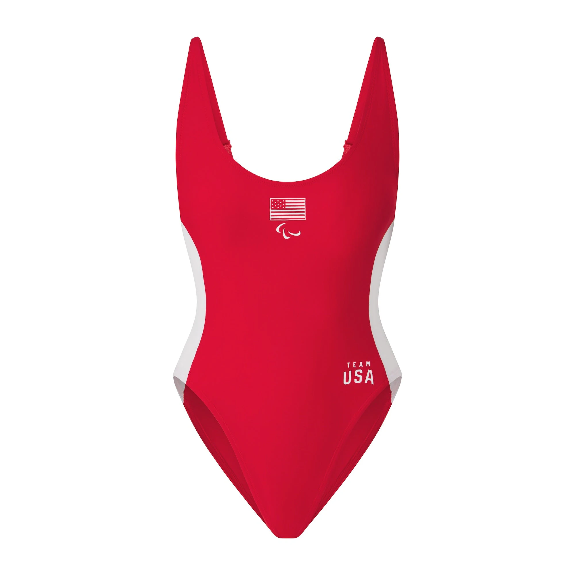 SKIMS FOR TEAM USA SIGNATURE SWIM PARALYMPIC SCOOP NECK ONE PIECE | RED (ONE PIECE SWIMSUITS, SWIM) FLAT ON A WHITE BACKGROUND | FLT