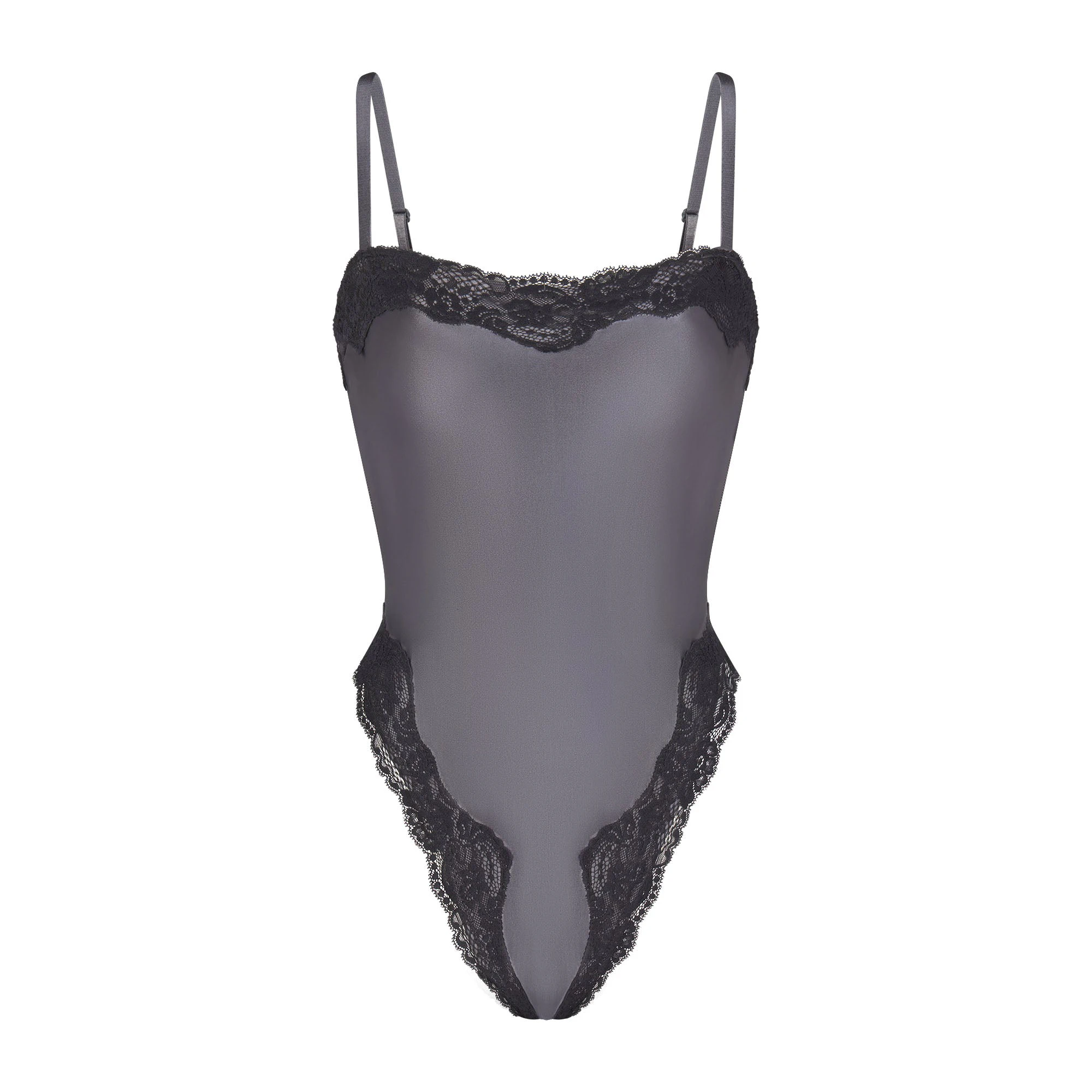 LACE SWIM CAMI ONE PIECE | GUNMETAL (ONE PIECE SWIMSUITS, SWIM) LAYS FLAT ON A WHITE BACKGROUND | FLT