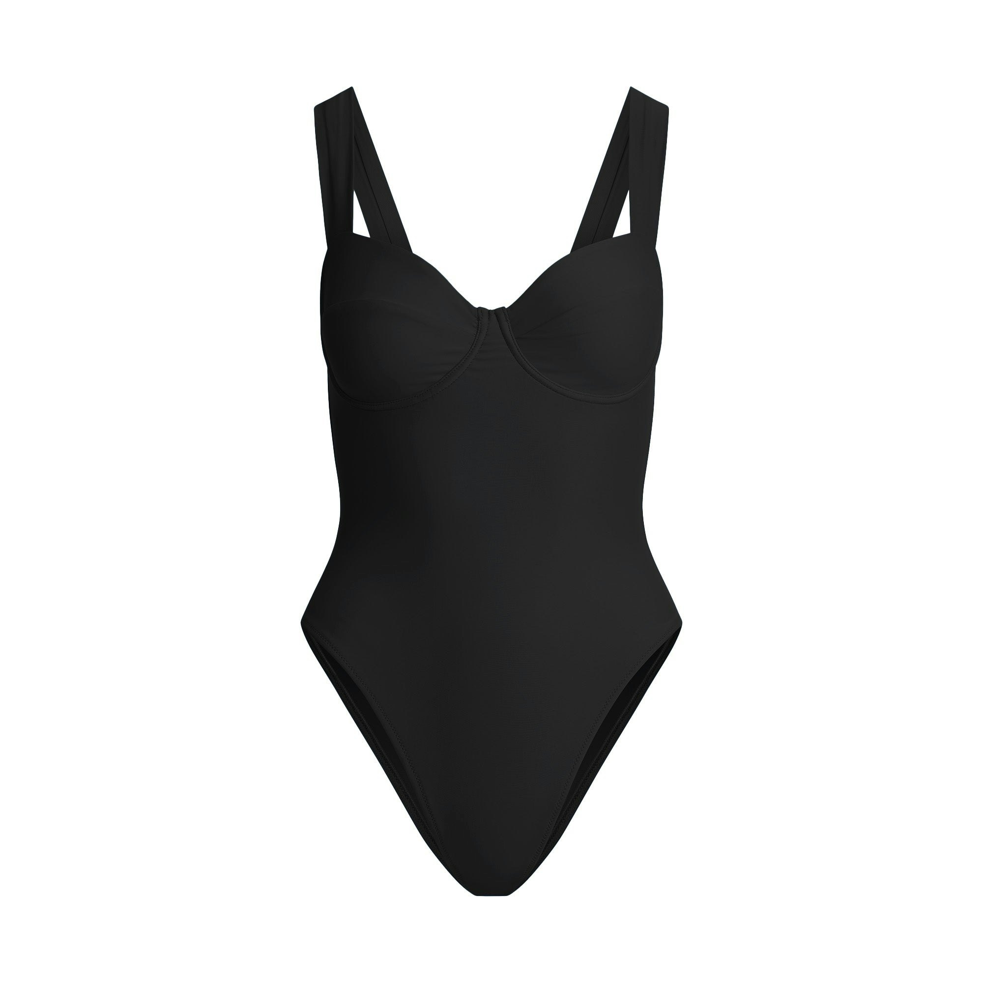 SIGNATURE SWIM UNDERWIRE ONE PIECE | ONYX FLAT ON A WHITE BACKGROUND | FLT