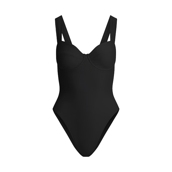 SIGNATURE SWIM UNDERWIRE ONE PIECE | ONYX FLAT ON A WHITE BACKGROUND | FLT