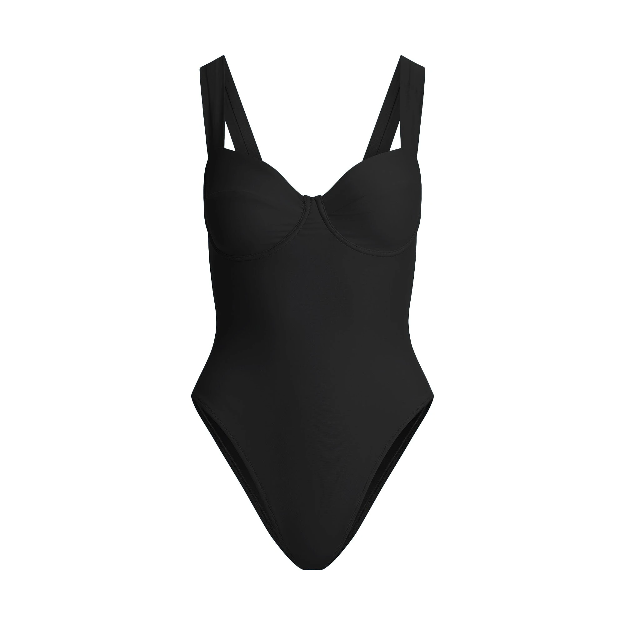 SIGNATURE SWIM UNDERWIRE ONE PIECE | ONYX FLAT ON A WHITE BACKGROUND | FLT
