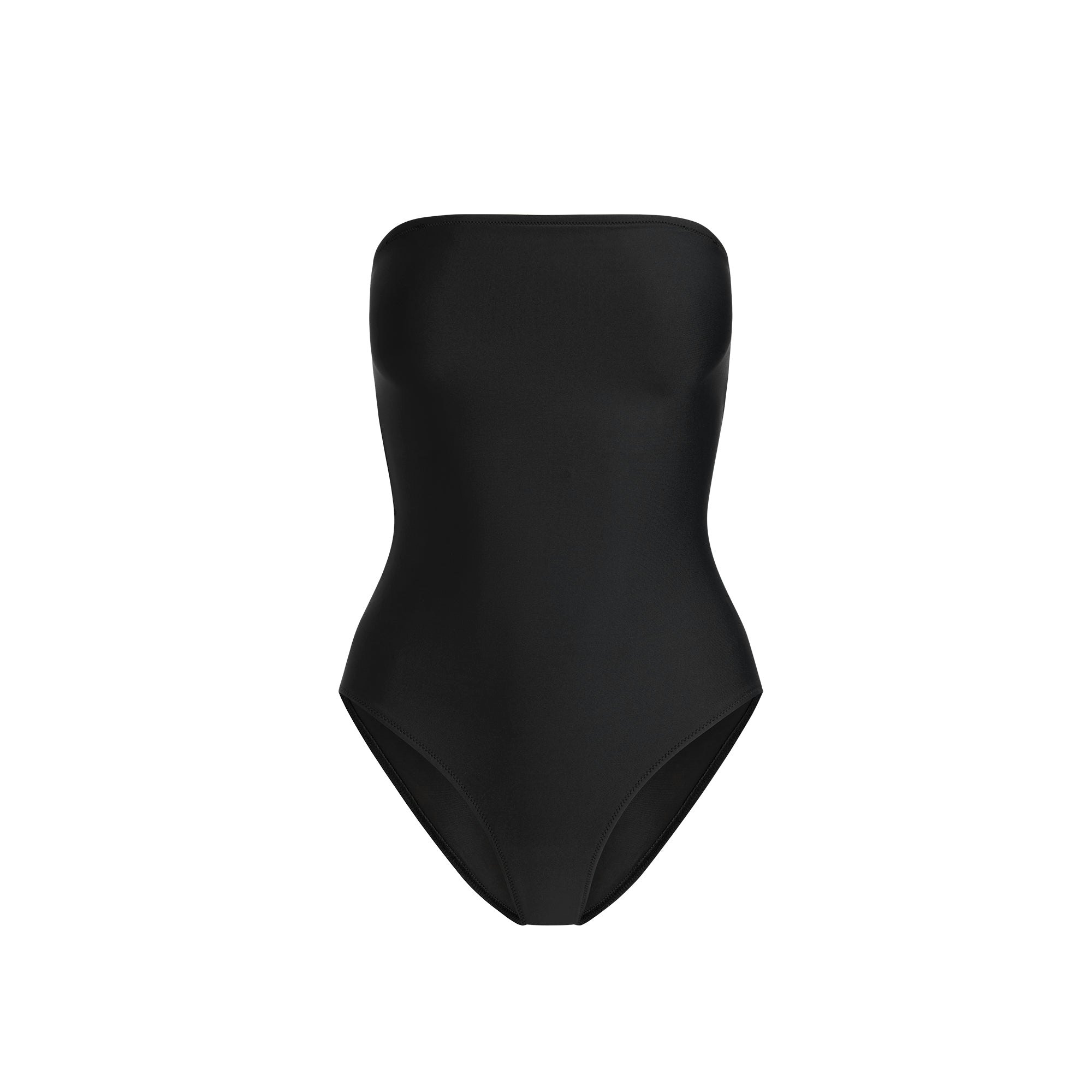 SIGNATURE SWIM STRAPLESS ONE PIECE | ONYX FLAT ON A WHITE BACKGROUND | FLT