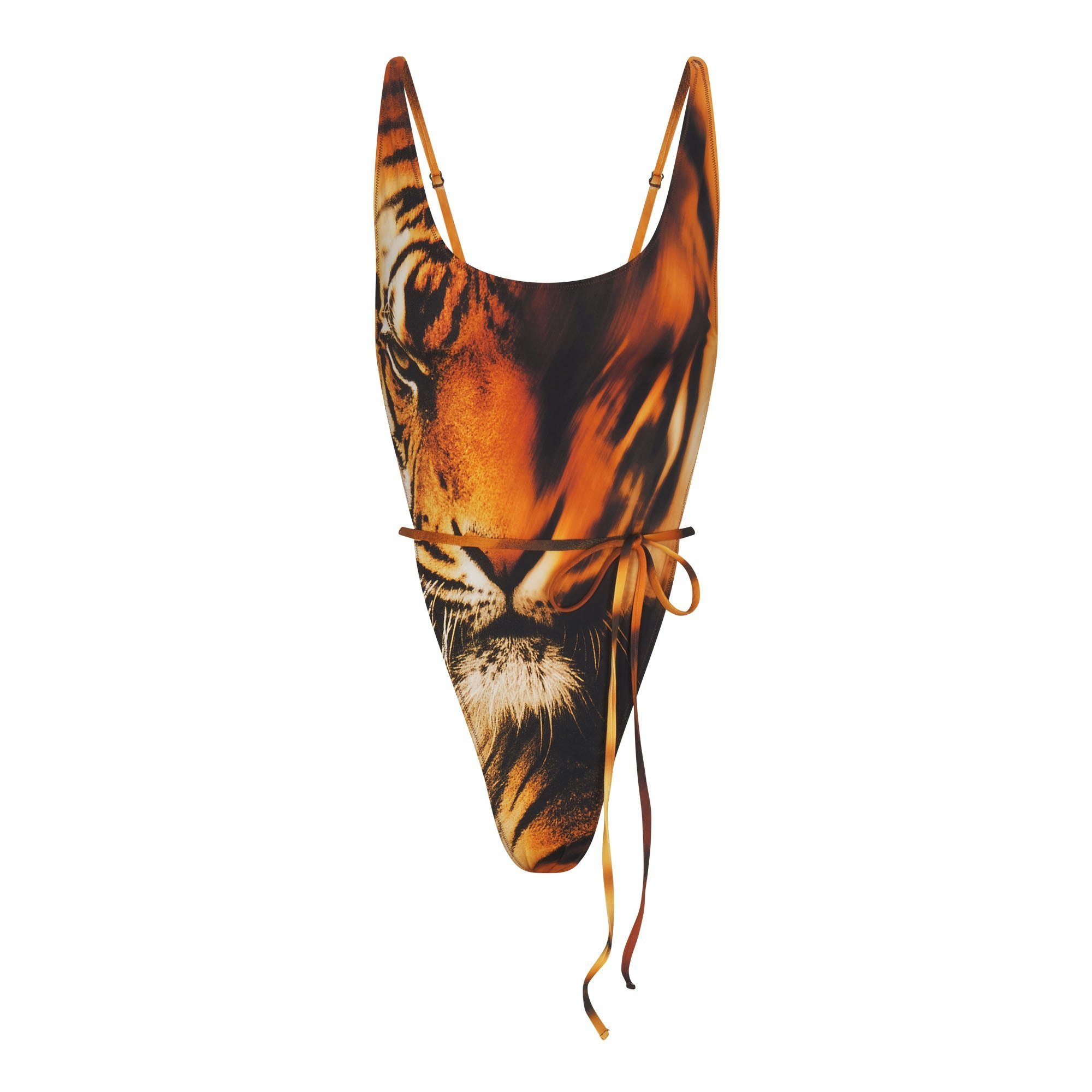 ROBERTO CAVALLI X SKIMS TIE WAIST ONE PIECE | TIGER FACE PRINT FLAT ON A WHITE BACKGROUND | FLT