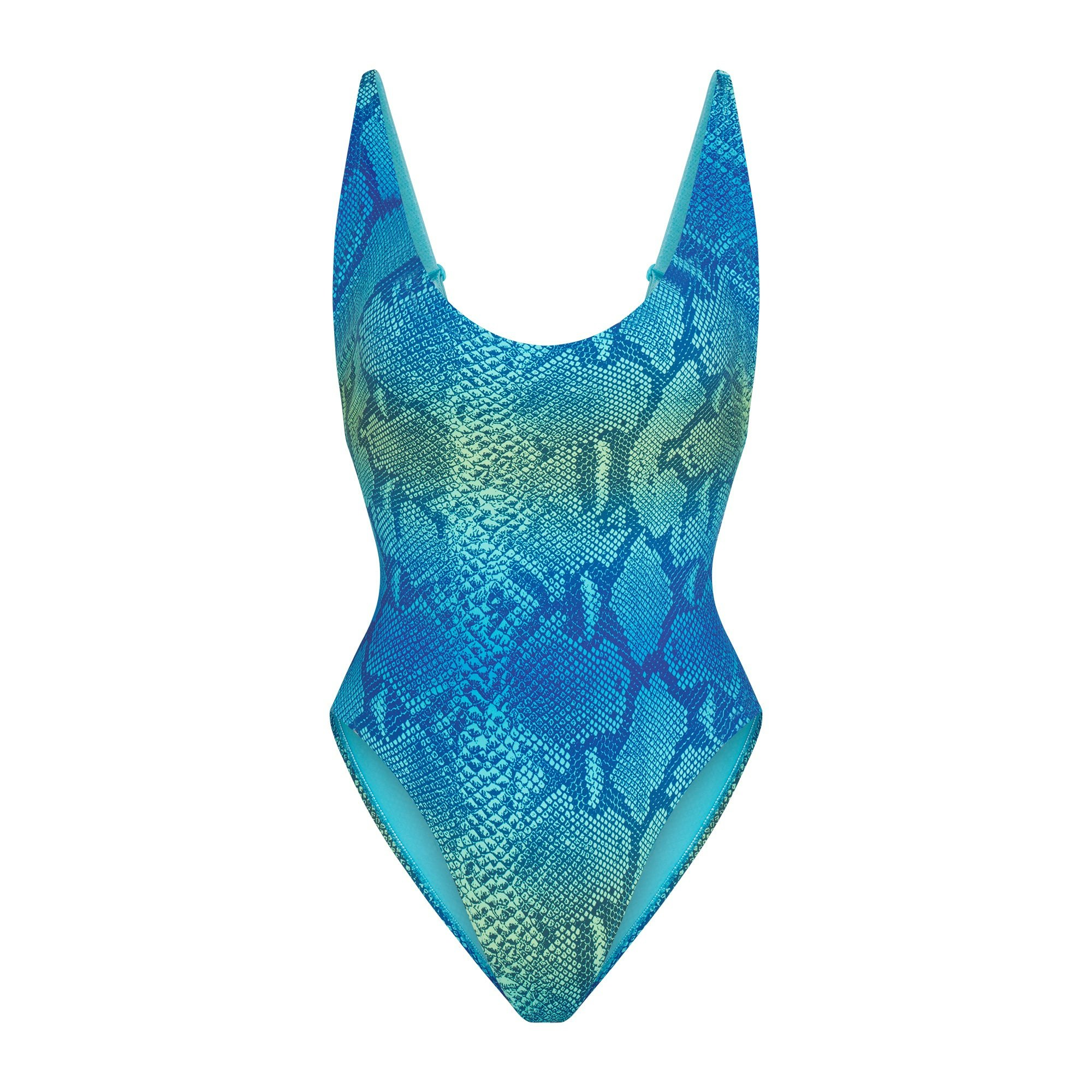 SIGNATURE SWIM SCOOP NECK ONE PIECE | AQUA OMBRE SNAKE LAYS FLAT ON A WHITE BACKGROUND | FLT