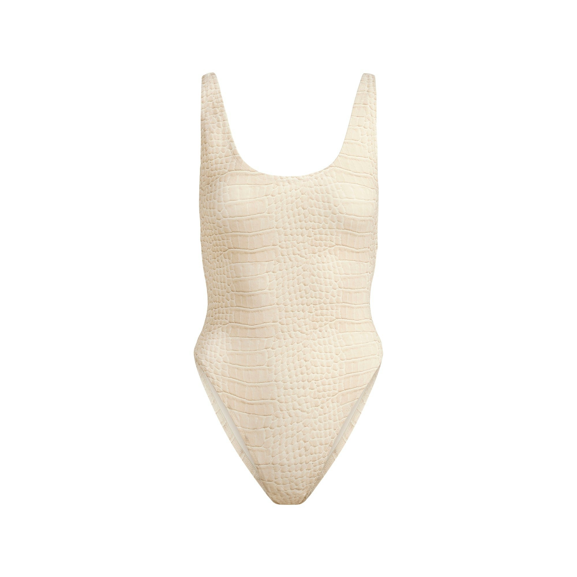 SIGNATURE SWIM SCOOP NECK ONE PIECE | EGRET CROCODILE PRINT FLAT ON A WHITE BACKGROUND | FLT