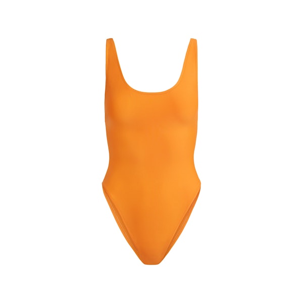 SIGNATURE SWIM SCOOP NECK ONE PIECE | TANGERINE FLAT ON A WHITE BACKGROUND | FLT