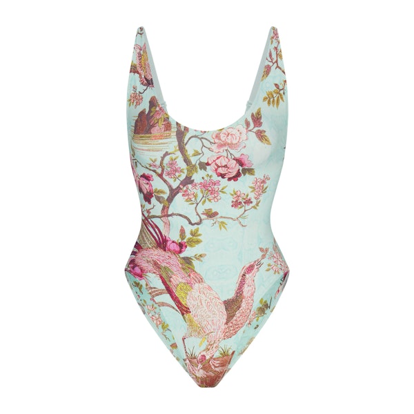 ROBERTO CAVALLI X SKIMS SCOOP NECK ONE PIECE | FAGIANELLA PRINT FLAT ON A WHITE BACKGROUND | FLT