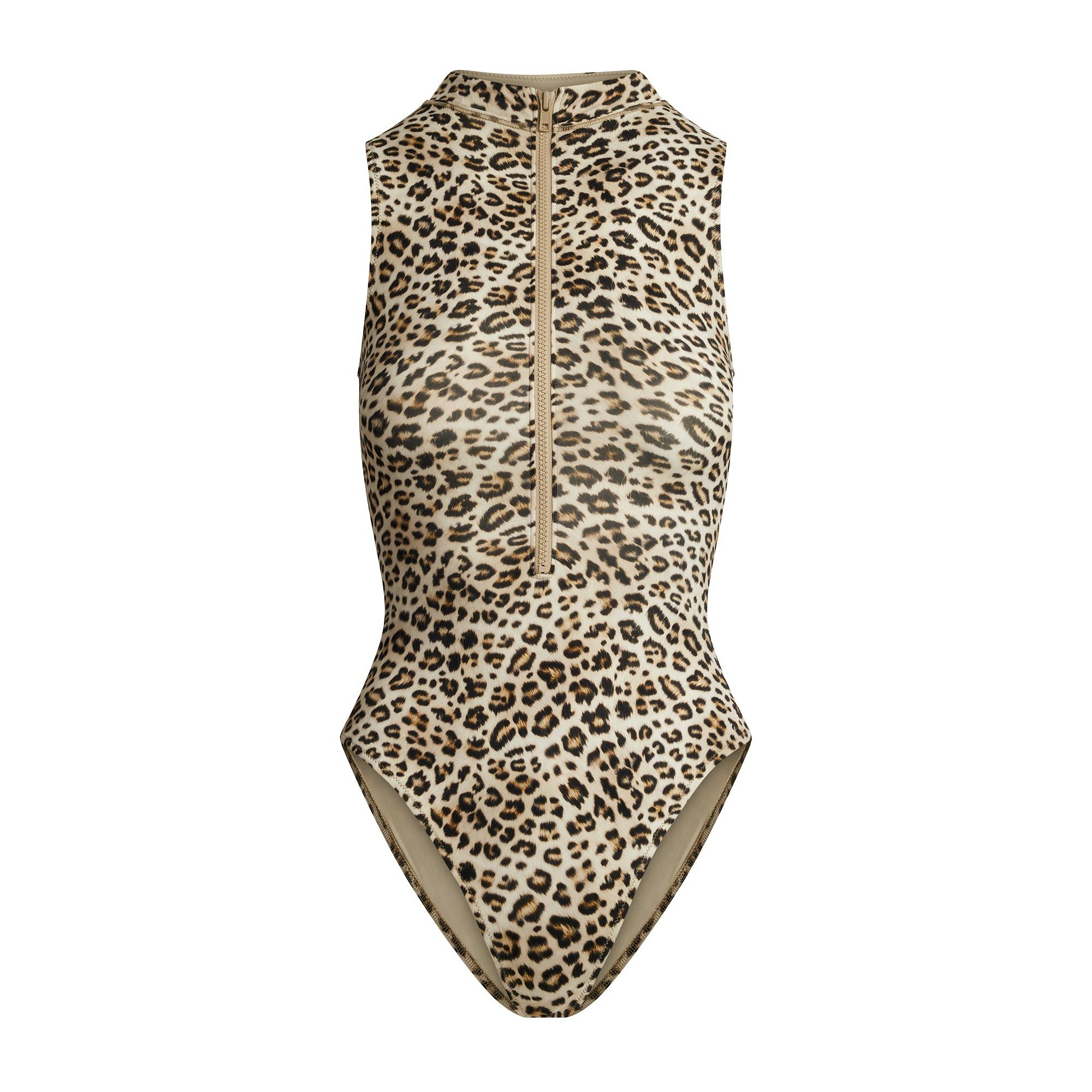 SIGNATURE SWIM ZIP FRONT ONE PIECE | CHAMPAGNE LEOPARD PRINT FLAT ON A WHITE BACKGROUND | FLT