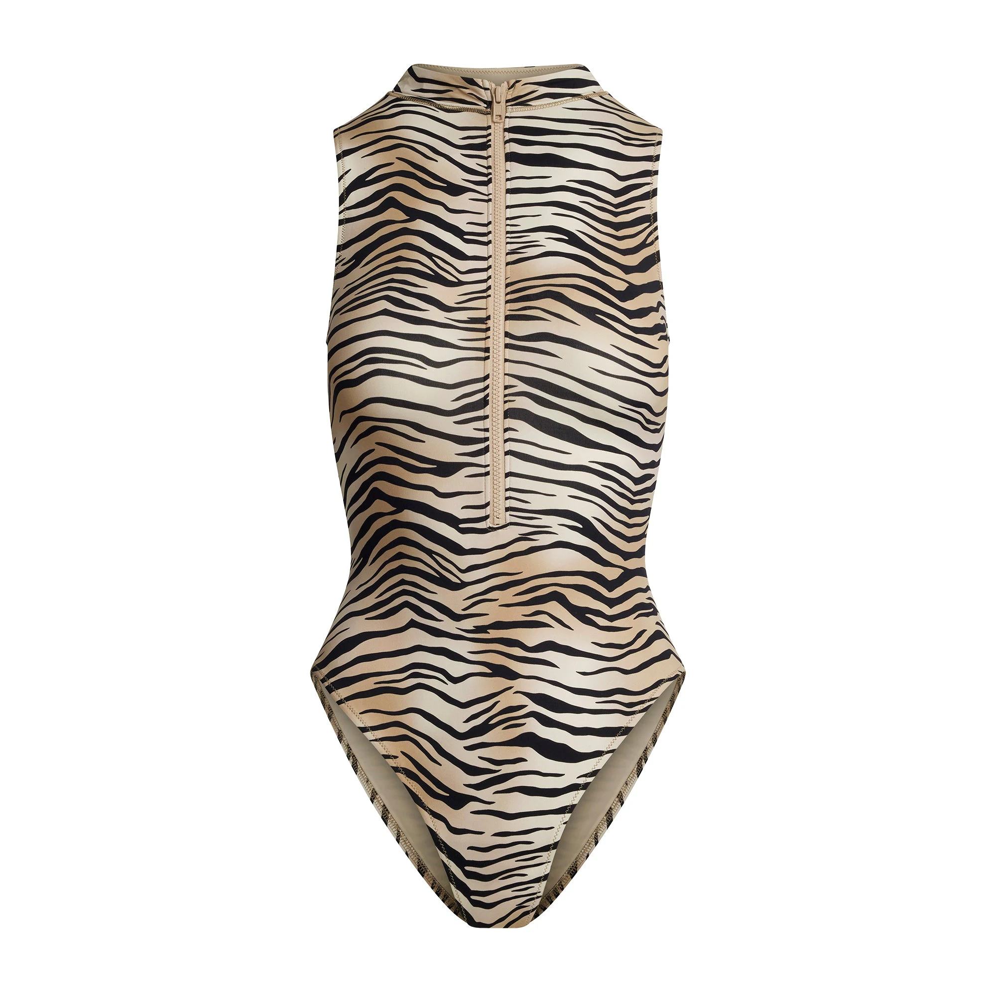 SIGNATURE SWIM ZIP FRONT ONE PIECE | CHAMPAGNE TIGER PRINT FLAT ON A WHITE BACKGROUND | FLT