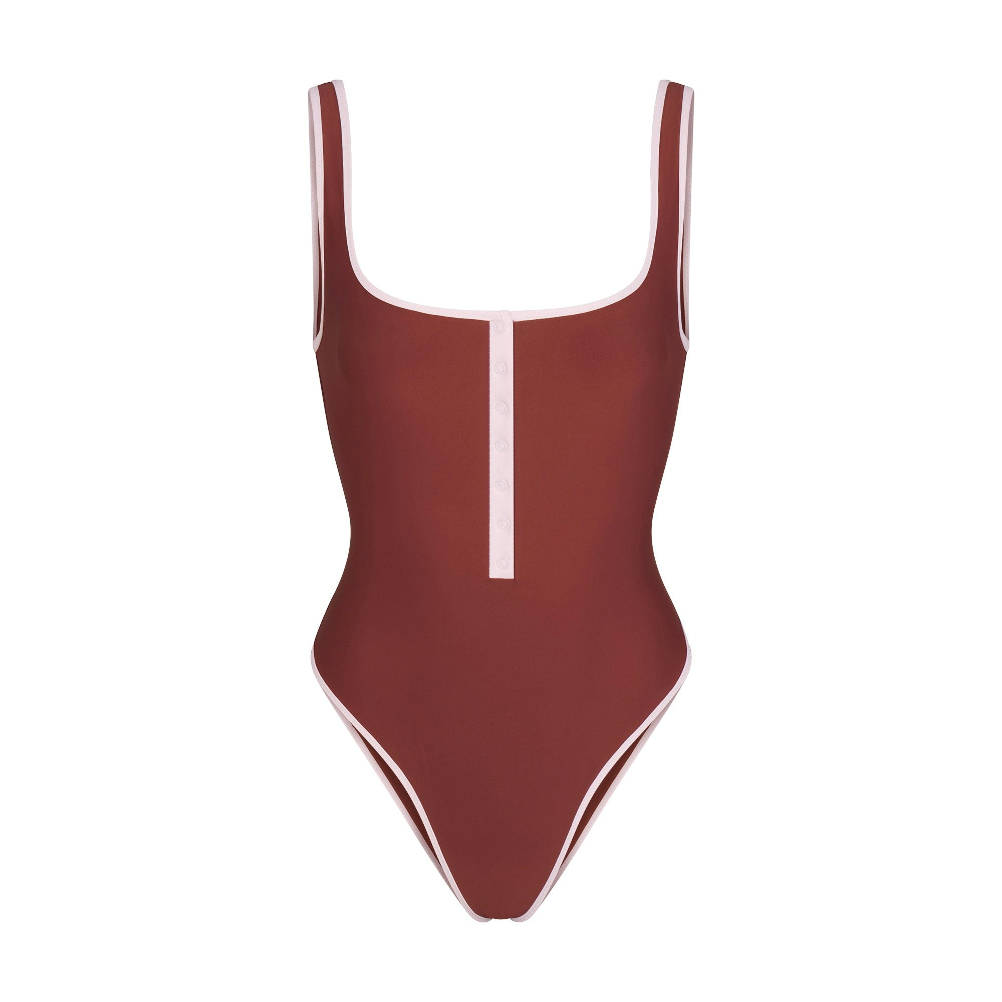 SIGNATURE SWIM SNAP FRONT ONE PIECE | HENNA CONTRAST LAYS FLAT ON A WHITE BACKGROUND | FLT