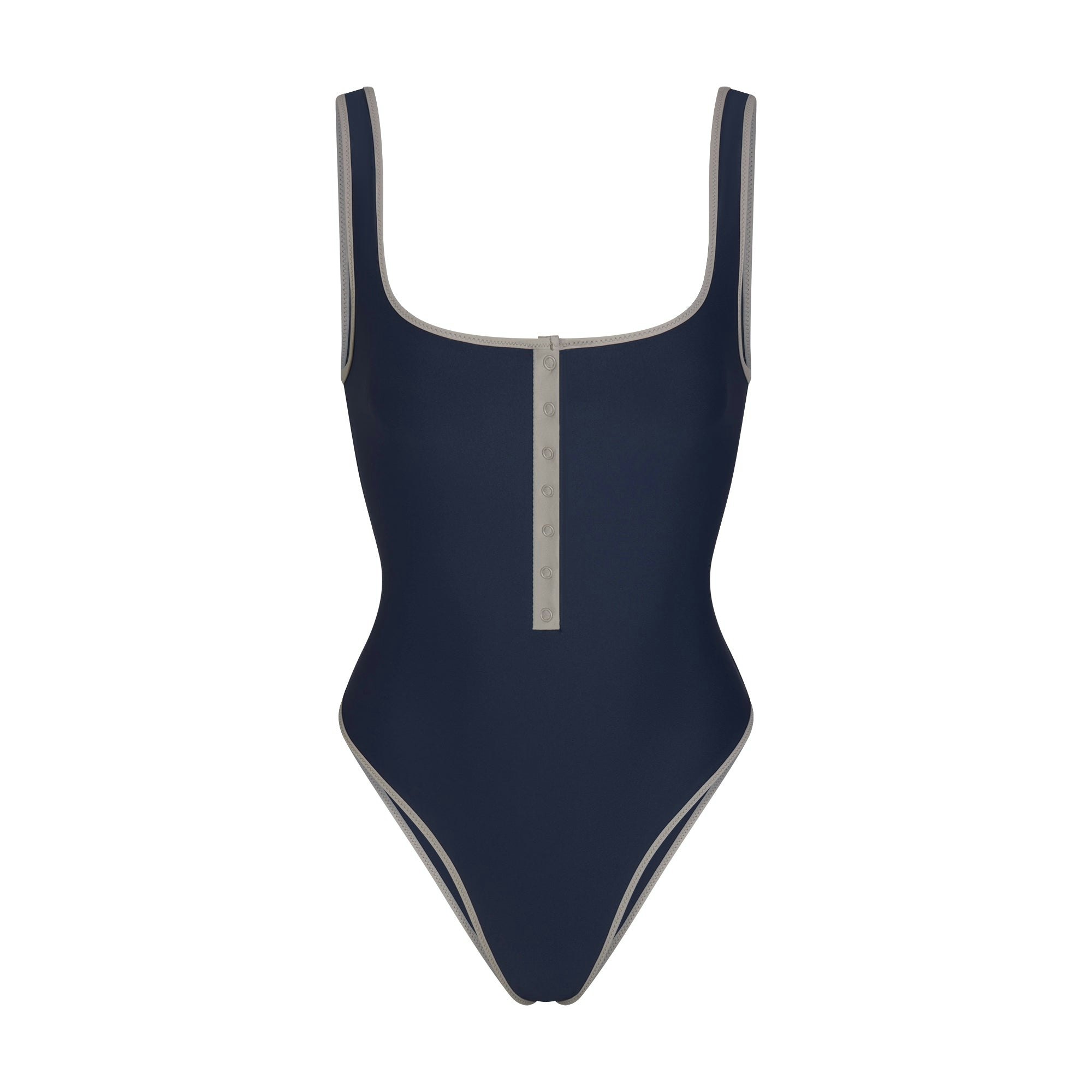 SIGNATURE SWIM SNAP FRONT ONE PIECE | NAVY CONTRAST LAYS FLAT ON A WHITE BACKGROUND | FLT