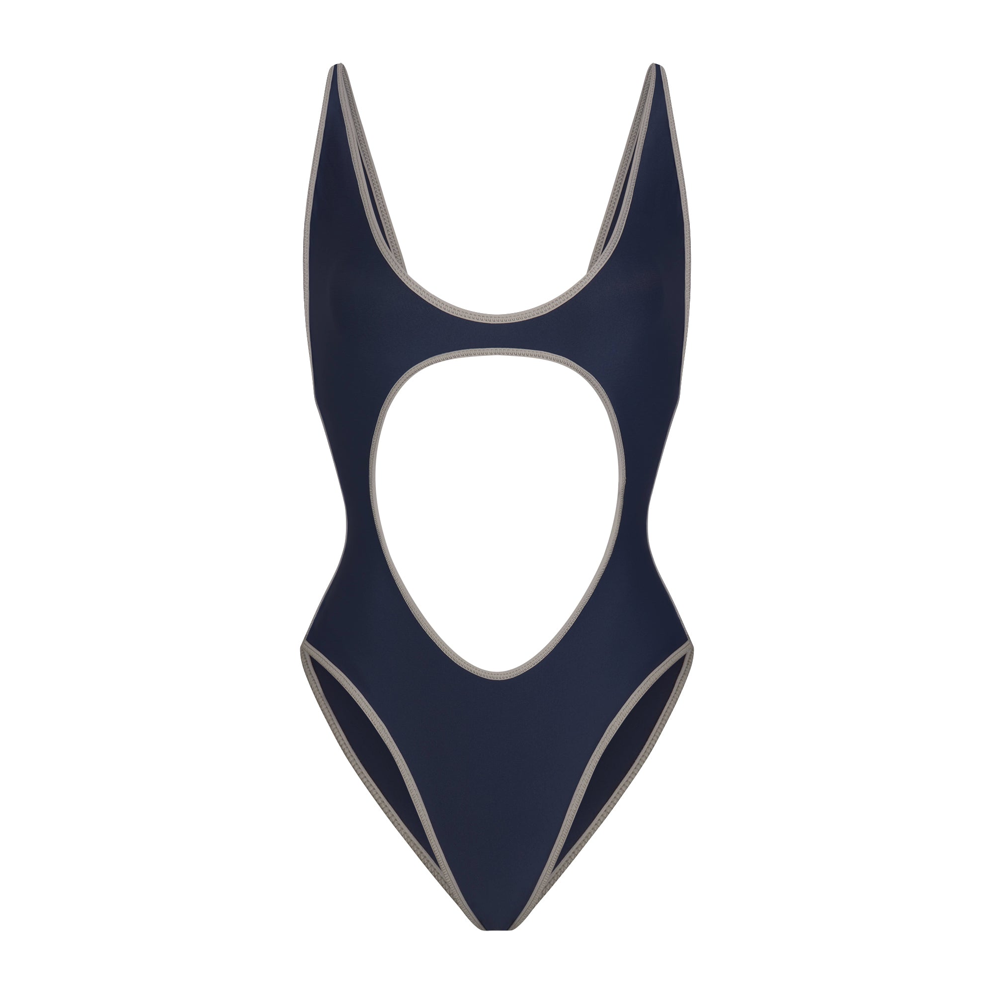 SIGNATURE SWIM CUT OUT ONE PIECE | NAVY CONTRAST LAYS FLAT ON A WHITE BACKGROUND | FLT
