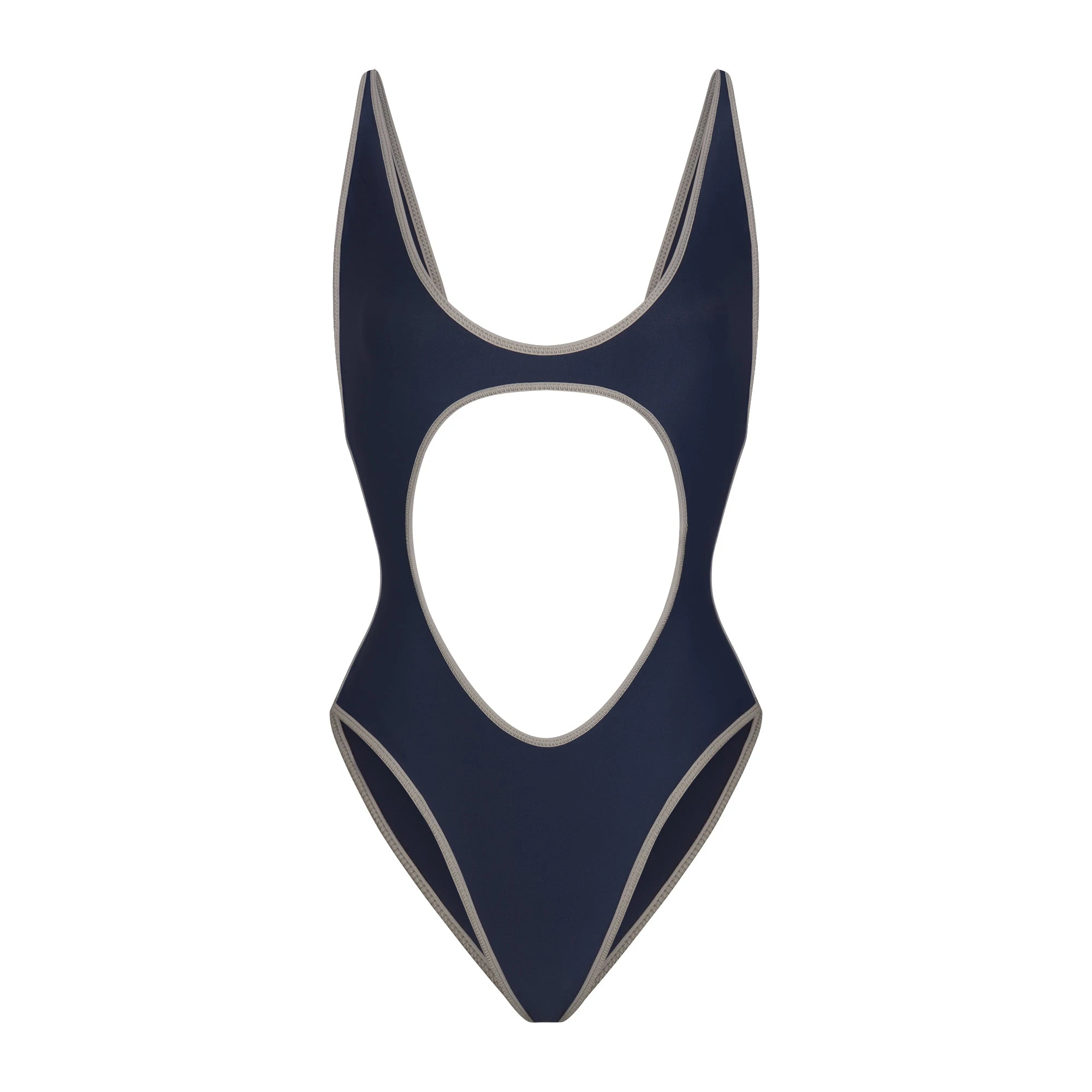 SIGNATURE SWIM CUT OUT ONE PIECE | NAVY CONTRAST LAYS FLAT ON A WHITE BACKGROUND | FLT