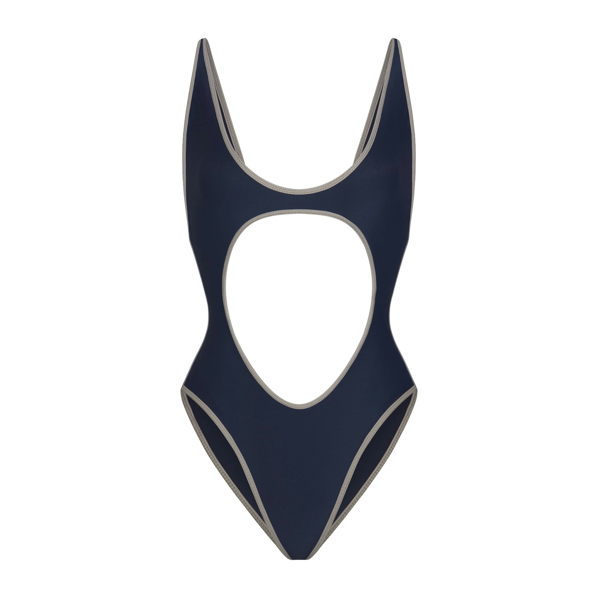 SIGNATURE SWIM CUT OUT ONE PIECE | NAVY CONTRAST LAYS FLAT ON A WHITE BACKGROUND | FLT