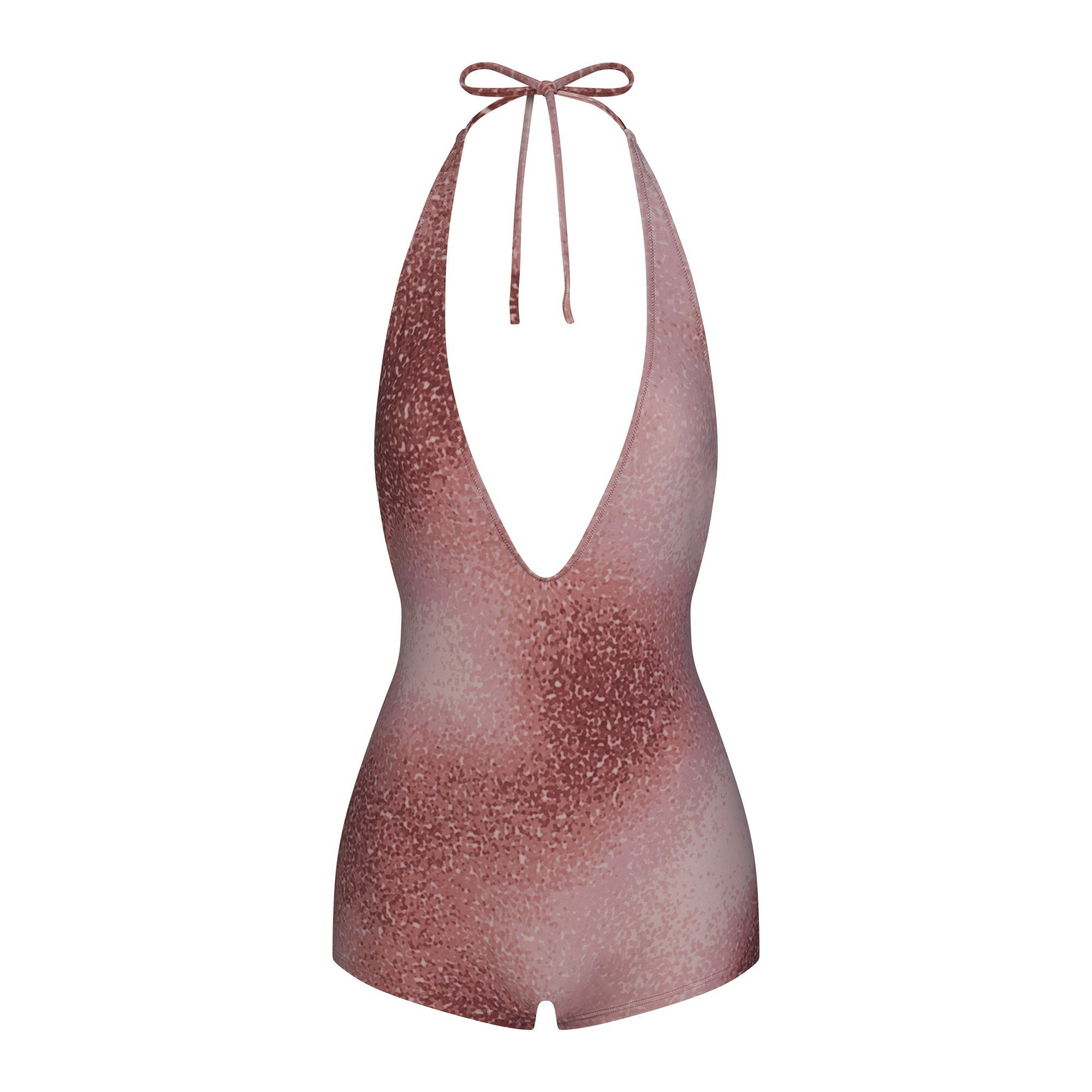 SIGNATURE SWIM PLUNGE SHORTIE ONE PIECE | HENNA FK OMBRE PRINT LAYS FLAT ON A WHITE BACKGROUND | FLT