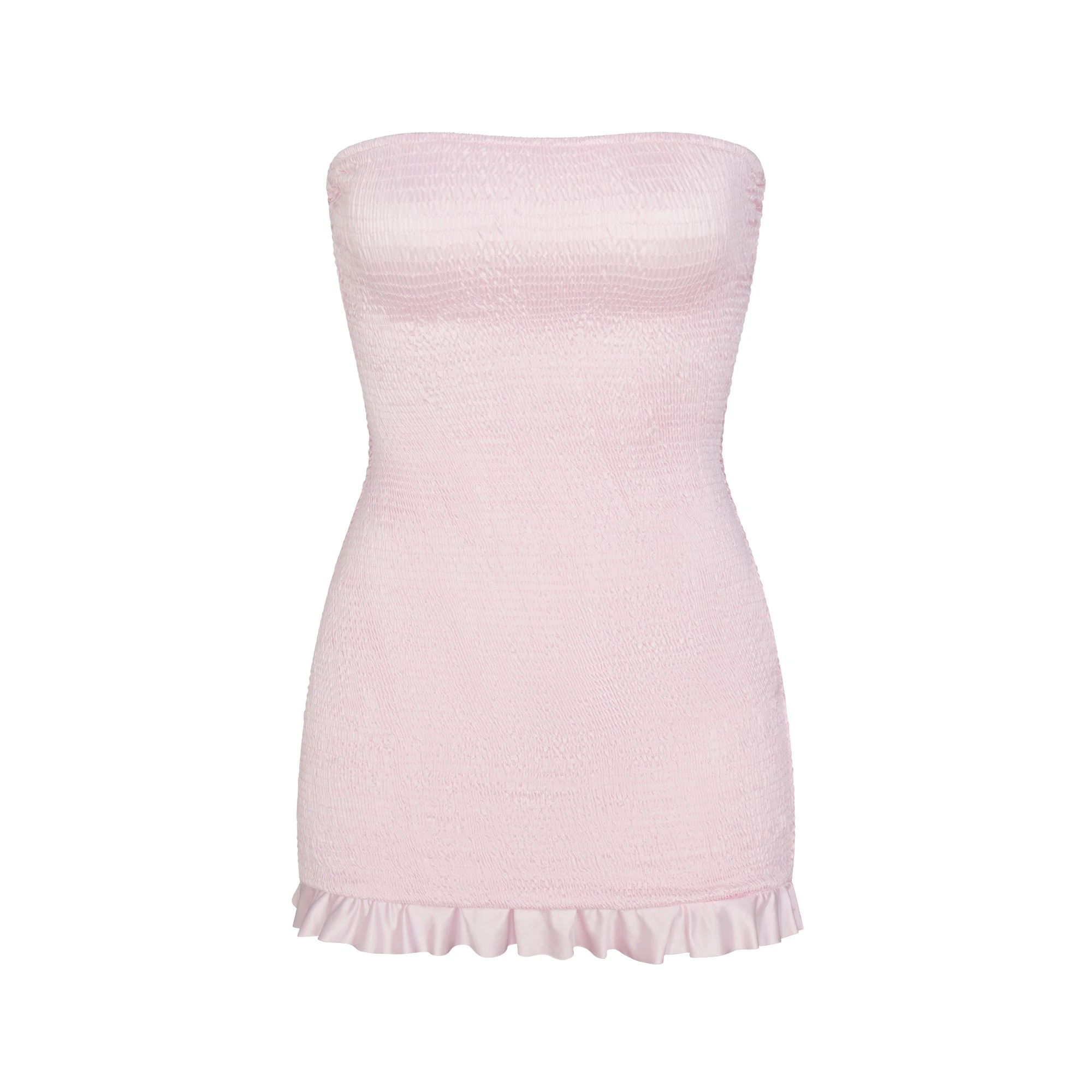 SATIN SWIM RUCHED MINI DRESS | CHERRY BLOSSOM FLAT ON A WHITE BACKGROUND | FLT