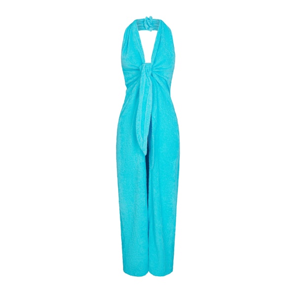 TERRY COVER-UPS DEEP PLUNGE HALTER WRAP DRESS | CYAN LAYS FLAT ON A WHITE BACKGROUND | FLT
