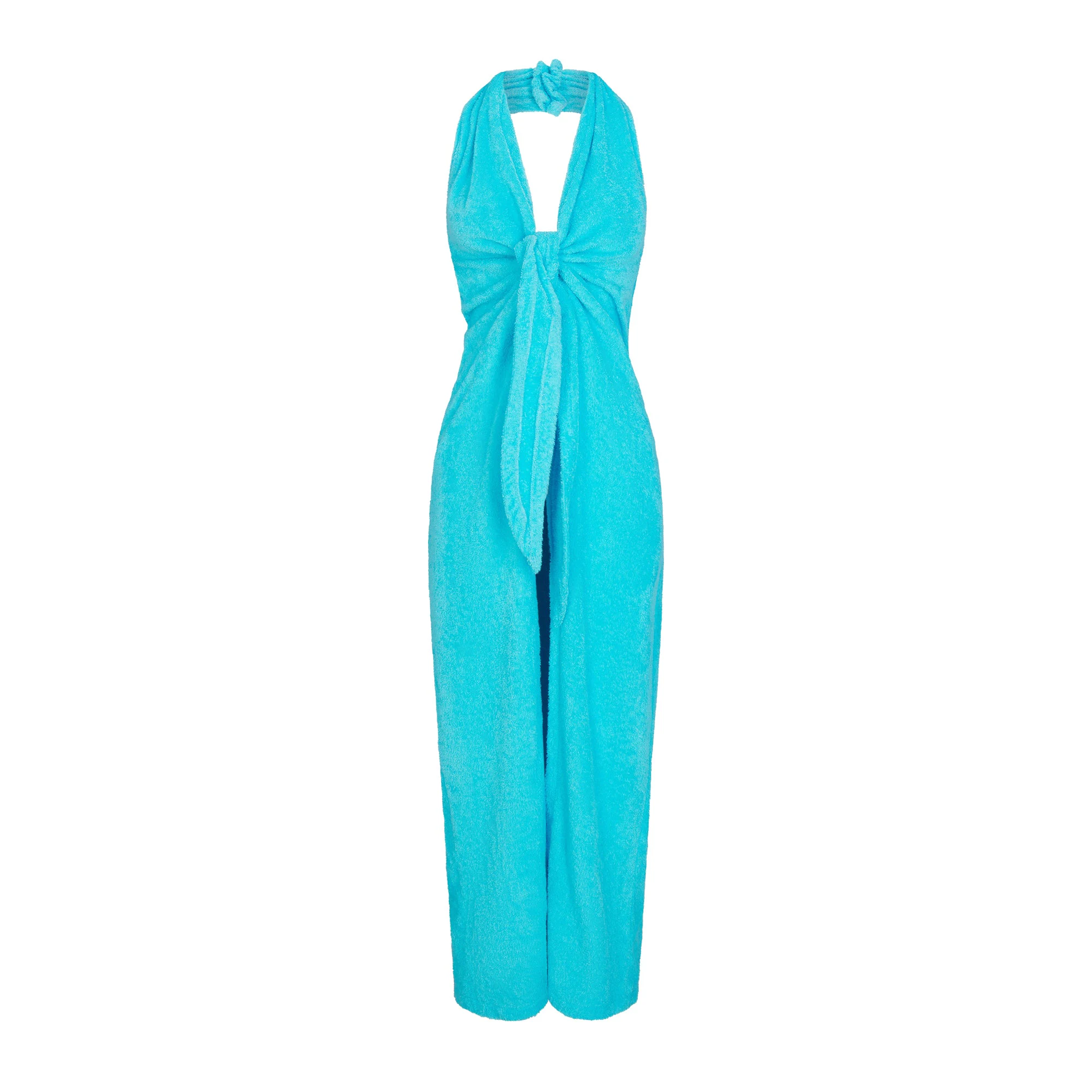 TERRY COVER-UPS DEEP PLUNGE HALTER WRAP DRESS | CYAN | SKIMS TERRY COVER-UPS DEEP PLUNGE HALTER WRAP DRESS | CYAN | SKIMS