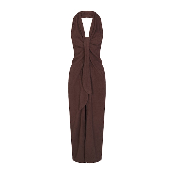 TERRY COVER-UPS DEEP PLUNGE HALTER WRAP DRESS | DARK SEPIA LAYS FLAT ON A WHITE BACKGROUND | FLT